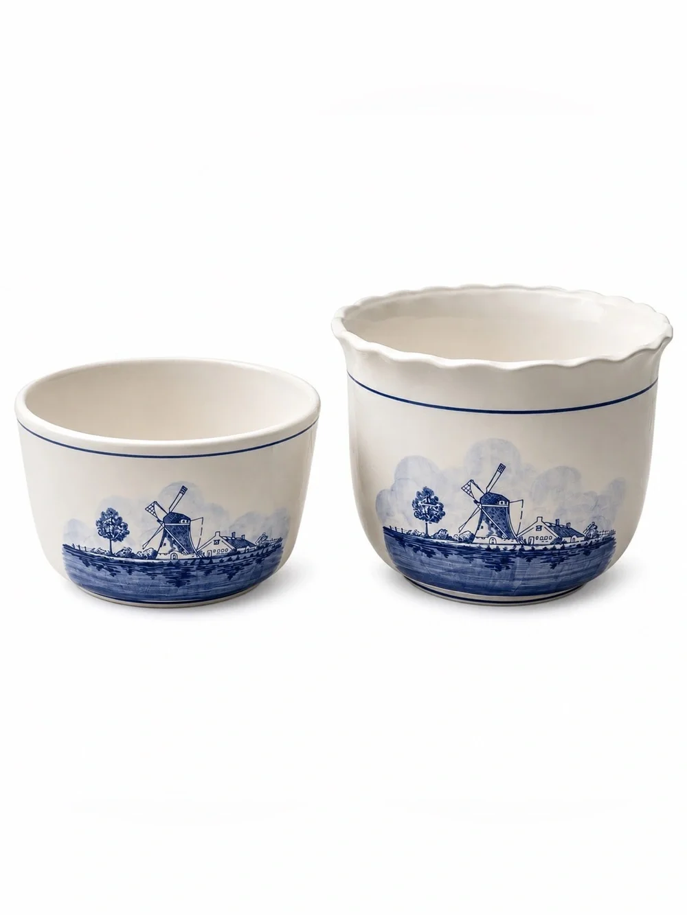 Vintage Delft Blue Dutch Windmill Ceramic Planter Cachepot Set Cottagecore Bowls